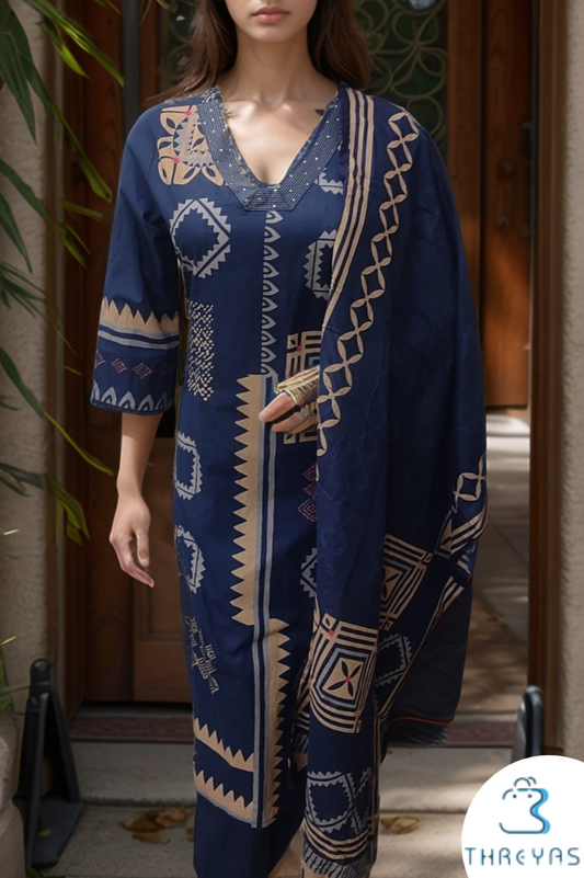 Blue Color Cotton Kurtis Set for women with Printed Dupatta