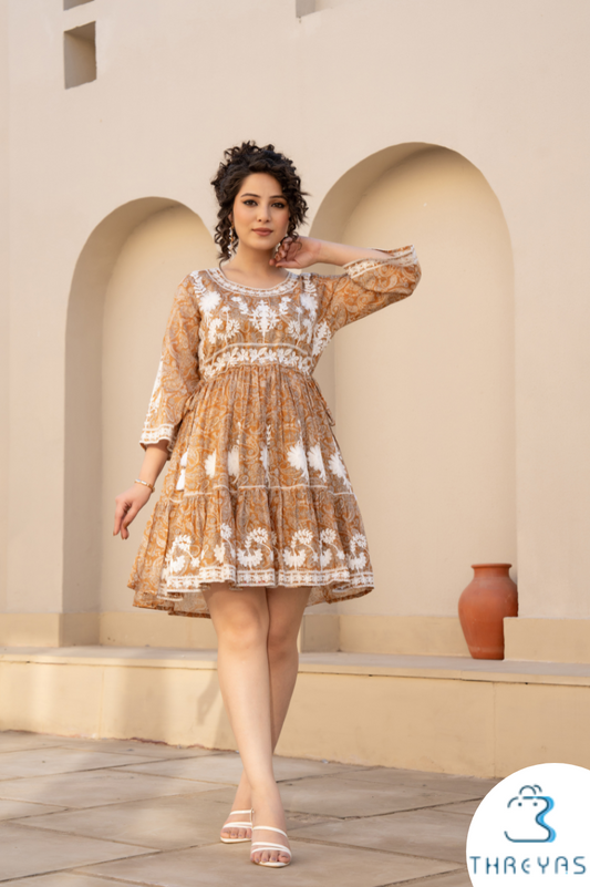 Orange Cotton flared Dress with Thread work