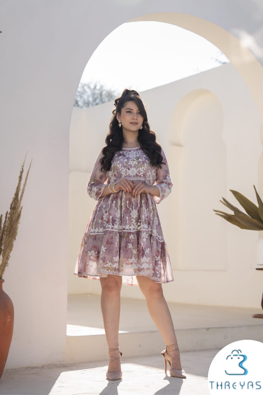 Purple Cotton Flared Dress with Thread Work | Threyas THREYAS Purple Cotton Flared Dress with Thread Work | Threyas THREYAS