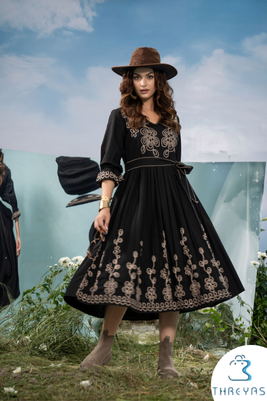 Black Cotton flared Midi Dress with Thread work