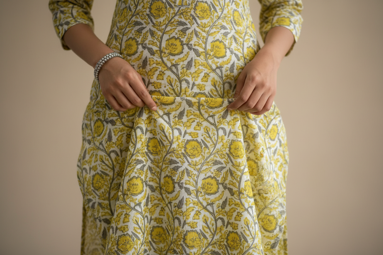 White & Yellow Cotton Kurti Set for Women