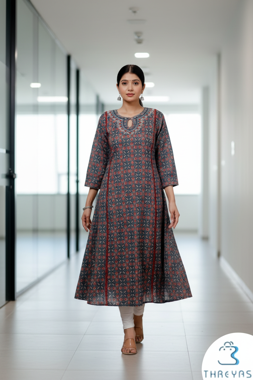 Maroon and Blue Ajarakh A-Line kurti