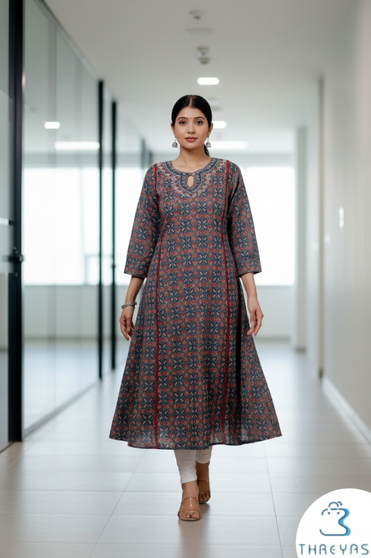 Maroon and Blue Ajarakh A-Line kurti