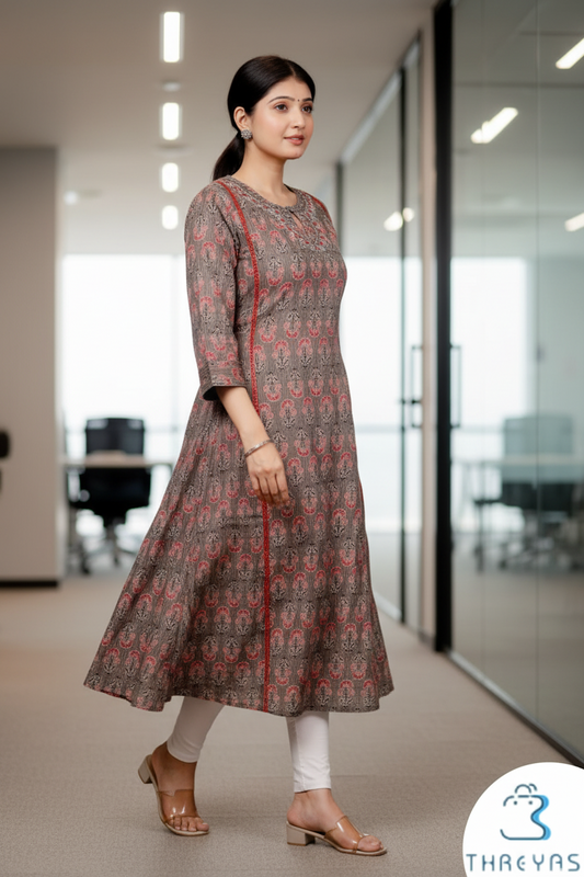 Grey Ajrakh A-Line Kurti for Women