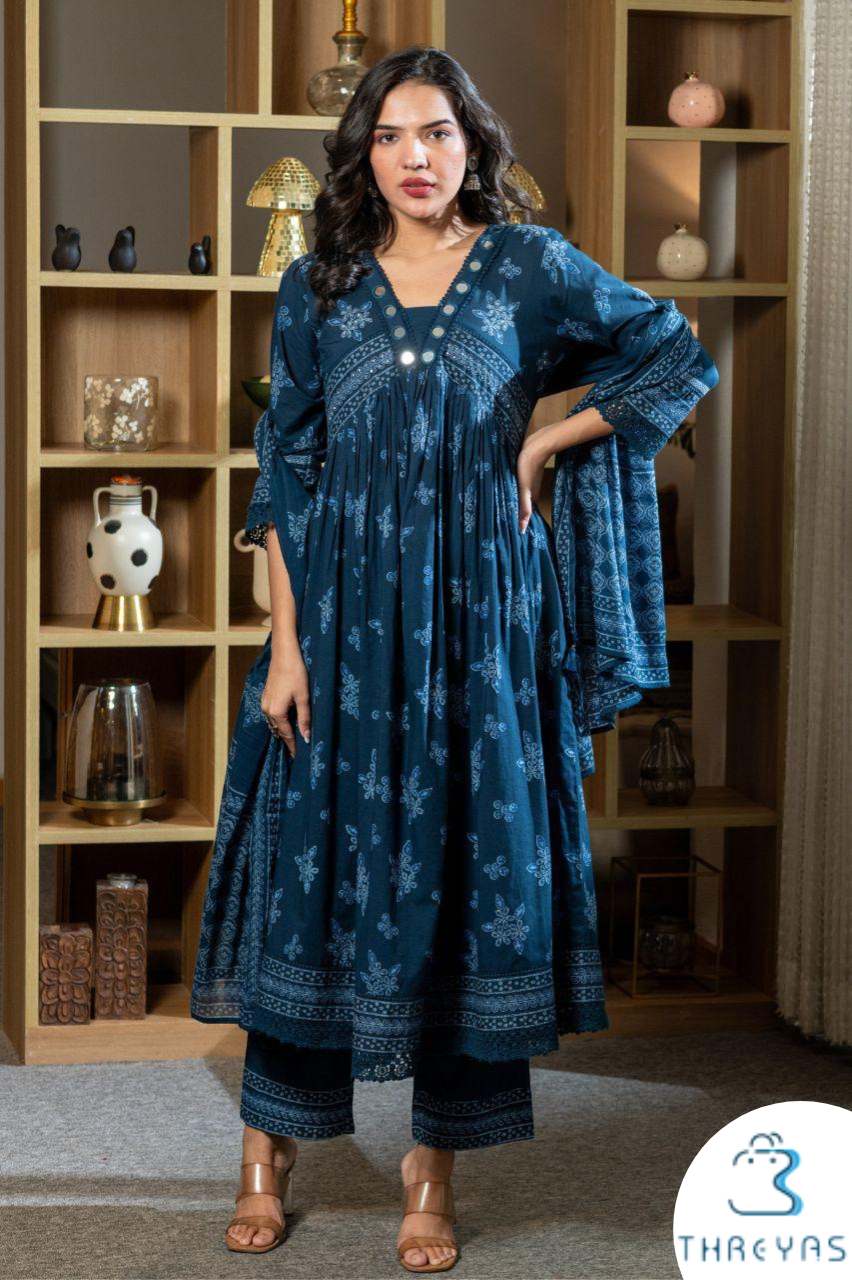 Blue Alia Cut Cotton Kurti Set for Women with Printed Dupatta