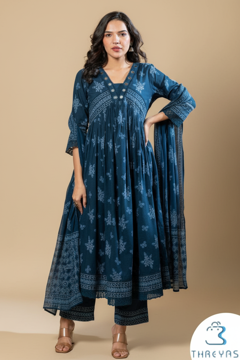 Blue Alia Cut Cotton Kurti Set for Women with Printed Dupatta