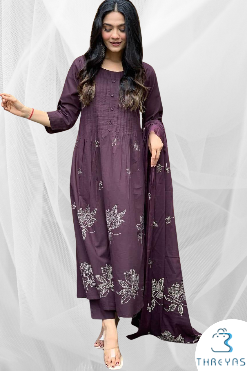 Wine Cotton Kurti Set for Women with Printed Dupatta