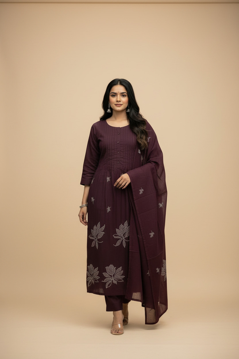 Wine Cotton Kurti Set for Women with Printed Dupatta
