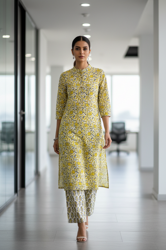 White and Yellow Cotton kurthis Set for women