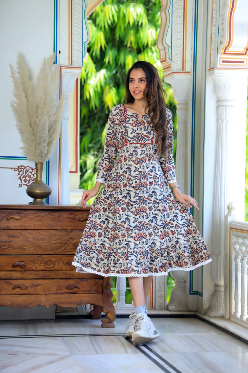 Beige Bagru Handblock Printed Cotton Tunic Dress for Women