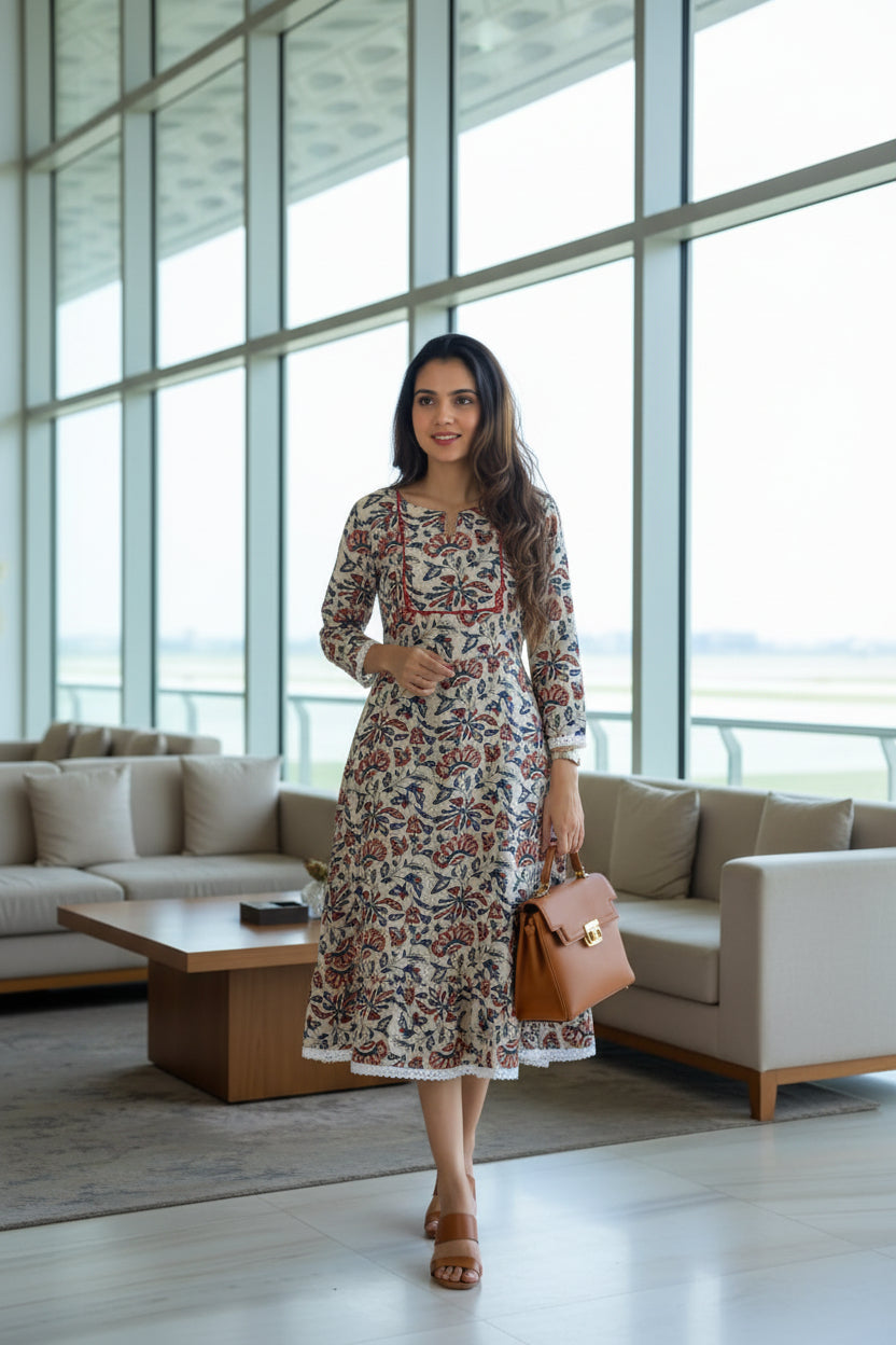 Beige Bagru Handblock Printed Cotton Tunic Dress for Women