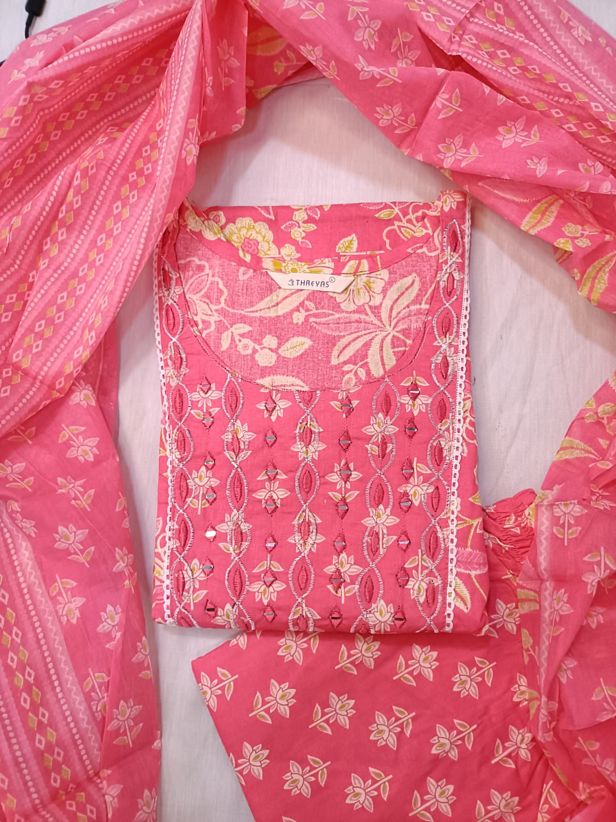 Peach Pink Cotton Anarkali Kurti Set with Dupatta