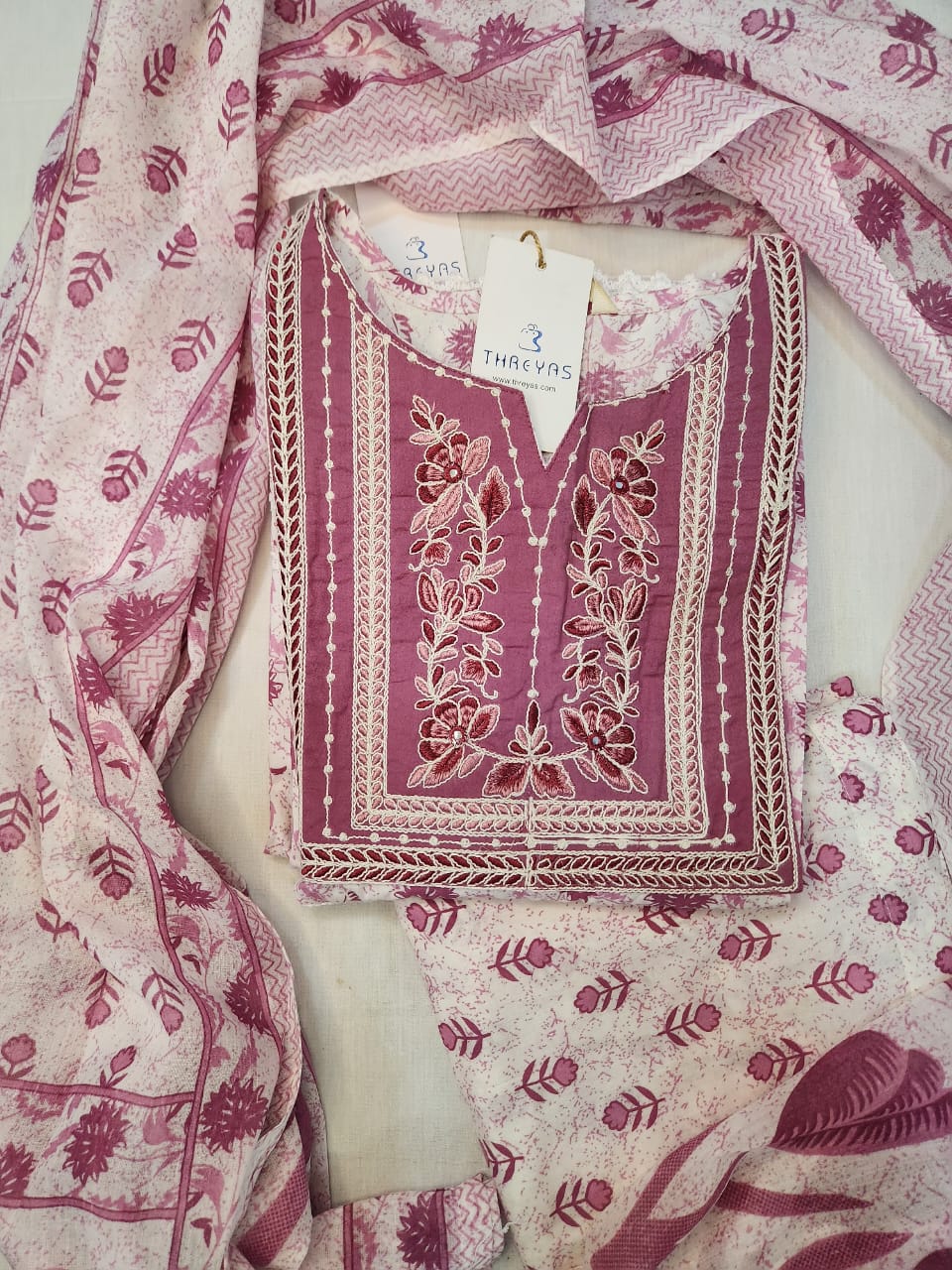 Mauve Pink Embroidered Cotton Anarkali Kurti Set with Dupatta