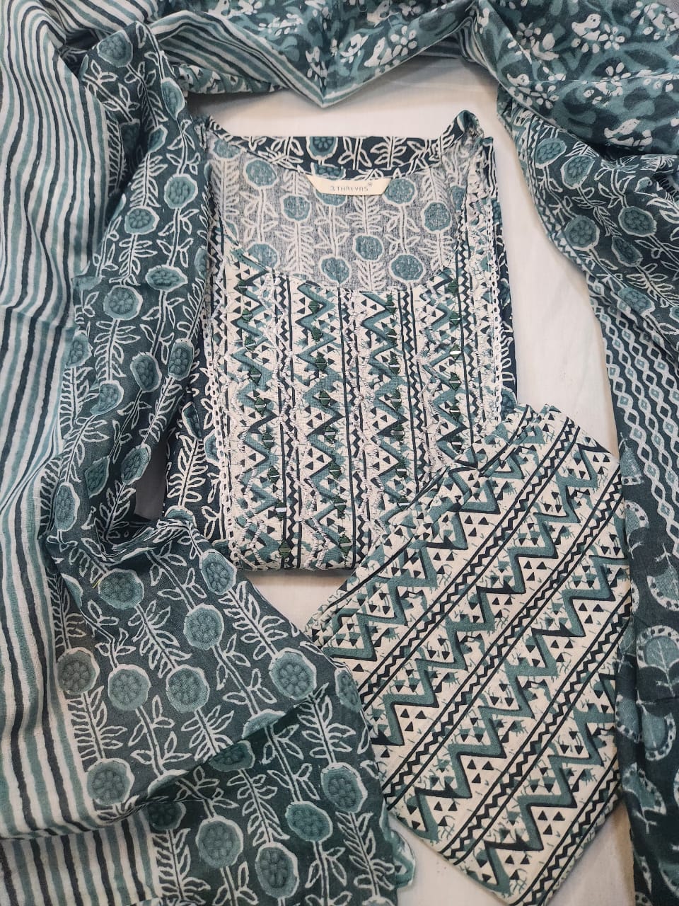 Green Tribal Cotton Kurti Set with Mirror Work