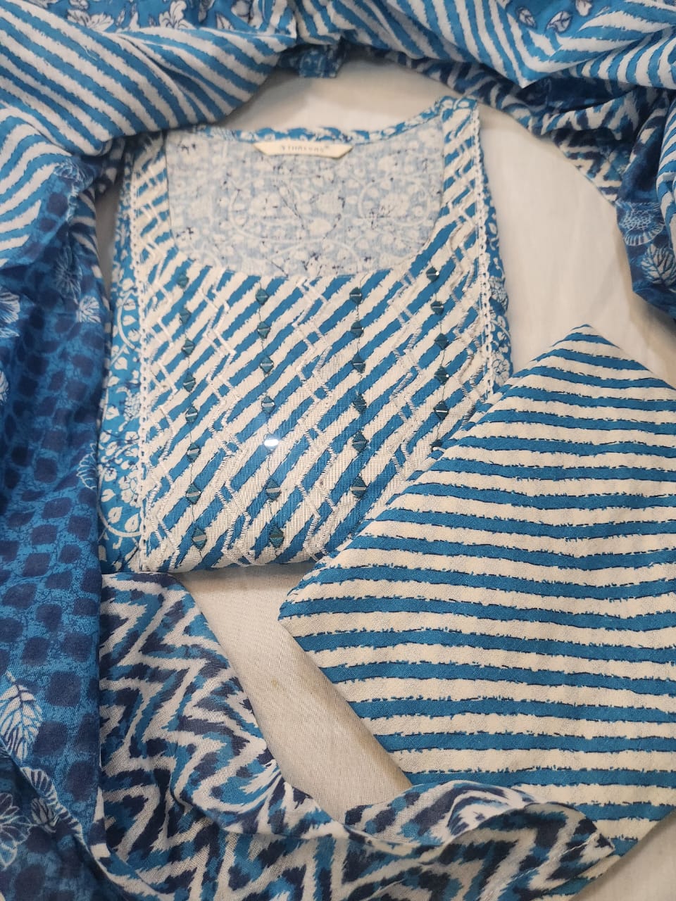 Sky Blue Cotton Kurti Set with Mirror Work – Anarkali Style