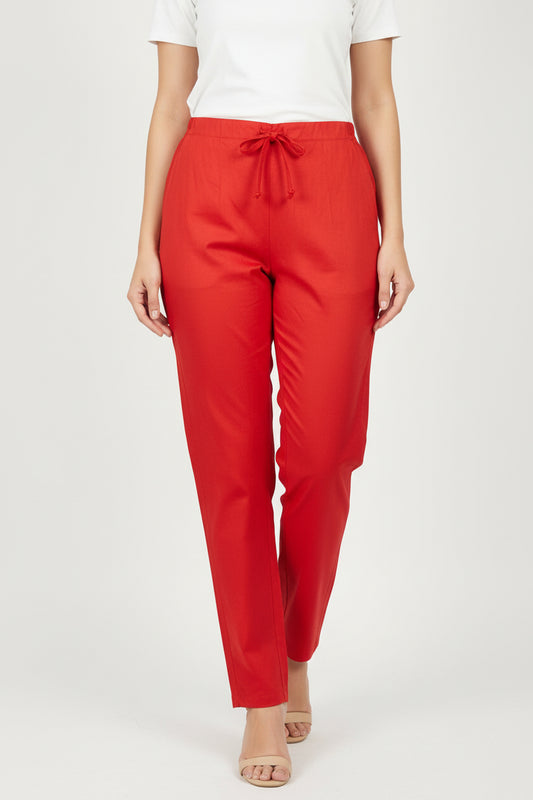 Red Solid Cotton Casual Pants for Women