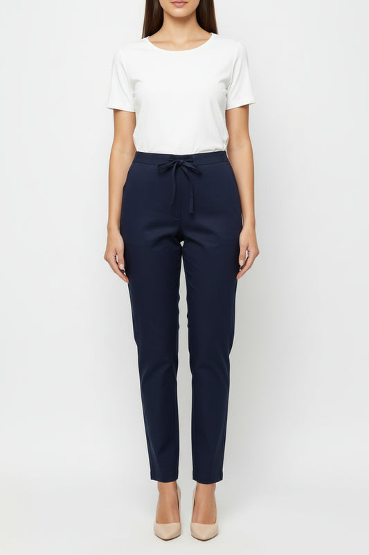 Navy Blue Cotton Casual Pants for Women