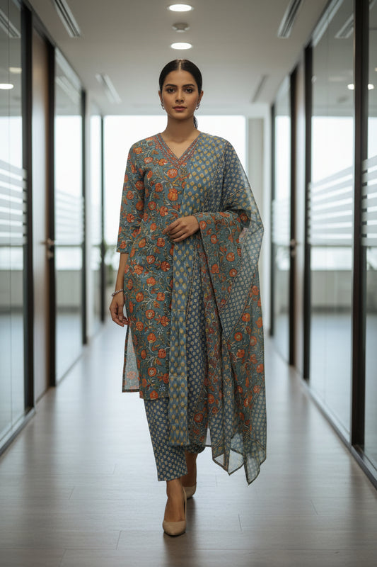 Gray Floral Printed Cotton Kurti Set for Women with Dupatta