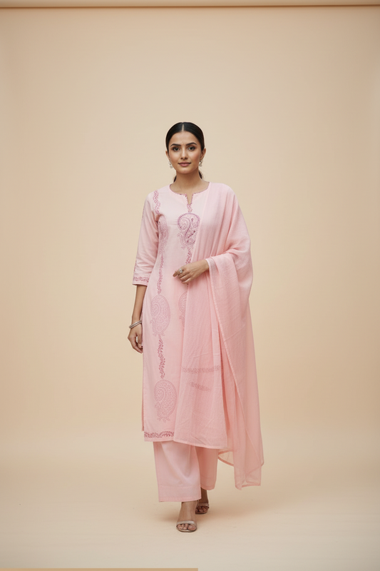 Blush Pink Paisley Cotton Kurti Set with Dupatta