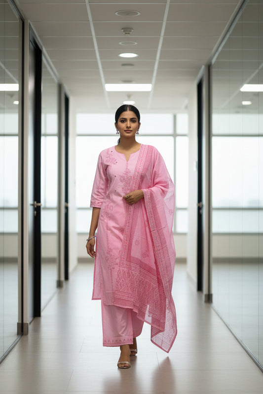 Soft Pink Embroidered Cotton Kurti Set for Women with Dupatta