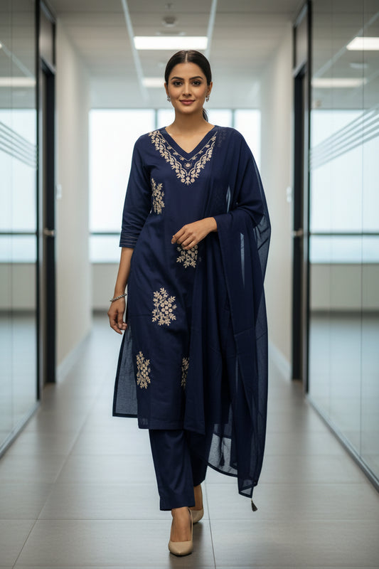 Navy Blue Gold Floral Embroidered Cotton Kurti Set for Women with Dupatta