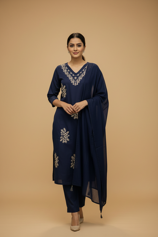 Navy Blue Floral Embroidered Cotton Kurti Set with Dupatta