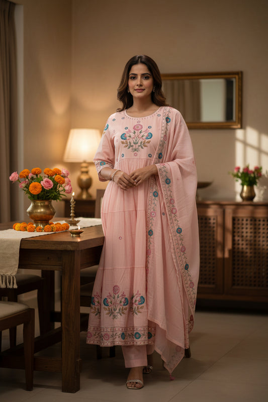 Blush Pink Floral Embroidered Anarkali Kurta Set with Dupatta