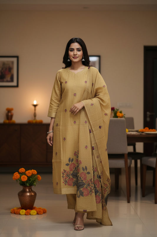 Yellow Floral Jamdhani Dupatta Set For Women