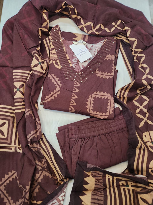 Maroon Cotton Kurti Set for Women with Printed Dupatta