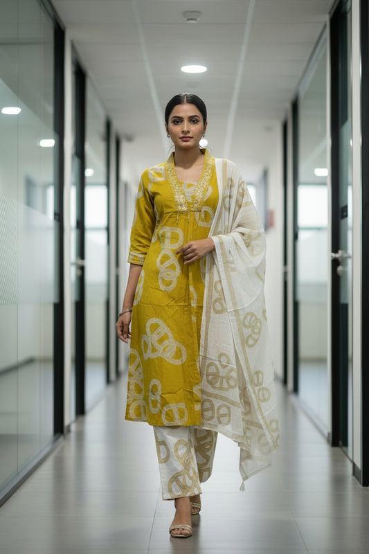 Mustard Yellow Abstract Printed Cotton Kurti Set for Women with Dupatta