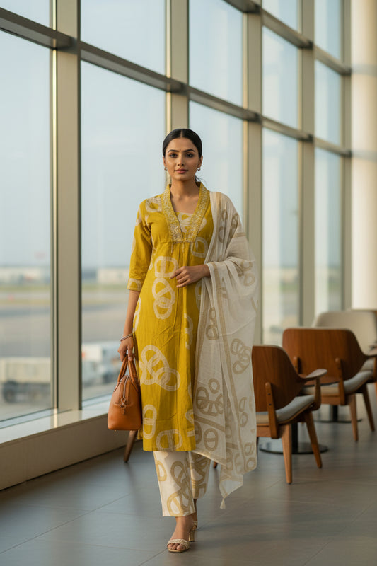 Mustard Yellow Abstract Printed Cotton Kurti Set for Women with Dupatta