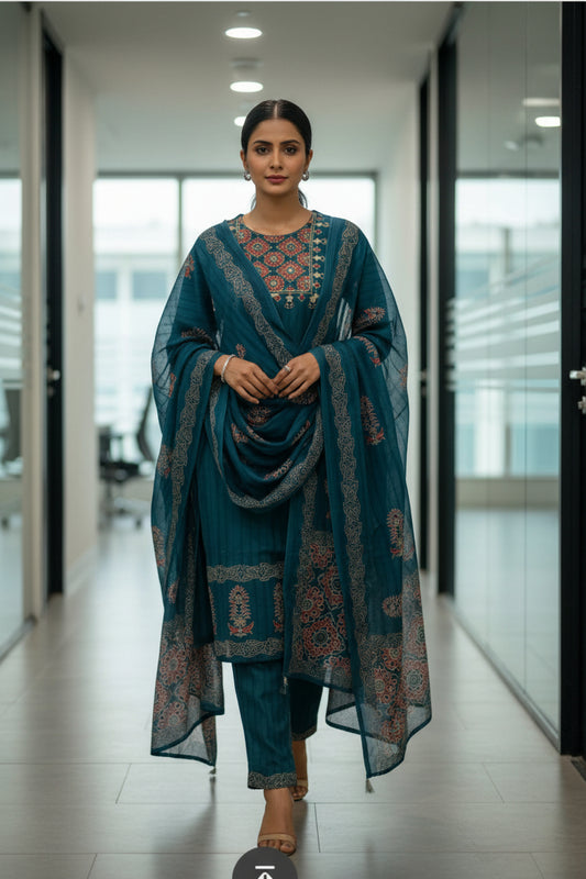 Peacock Blue Printed Cotton Kurti Set for Women with Dupatta
