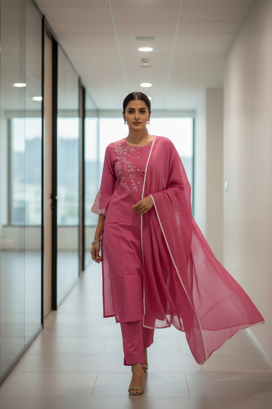 Rose Pink Floral Embroidered Cotton Kurti Set for Women with Dupatta