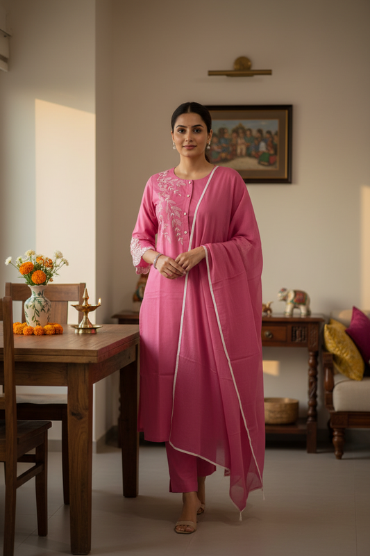 Rose Pink Floral Embroidered Cotton Kurti Set with Dupatta