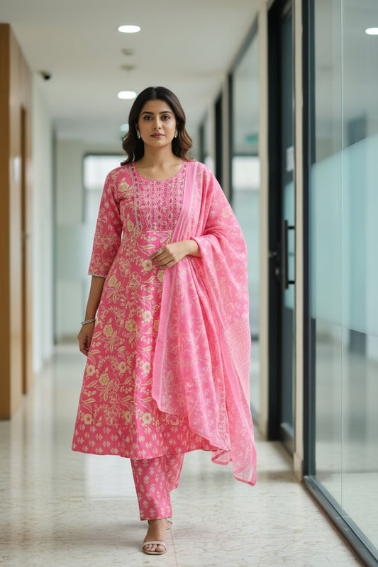 Peach Pink Floral Anarkali Cotton Kurta Set with Dupatta