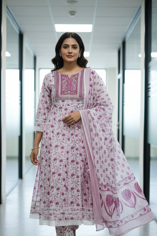 Mauve Pink Embroidered Anarkali Cotton Kurta Set with Dupatta