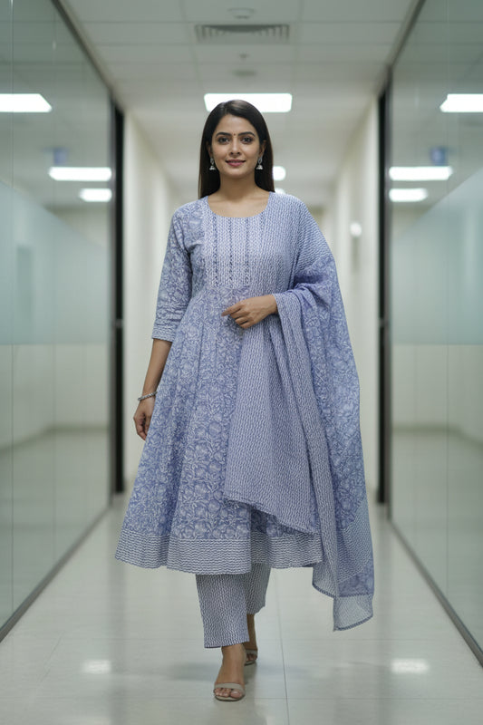 Grey Cotton Kurta Set with Dupatta – Mirror Work