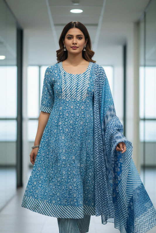 Sky Blue Mirror-Work Anarkali Cotton Kurta Set with Dupatta