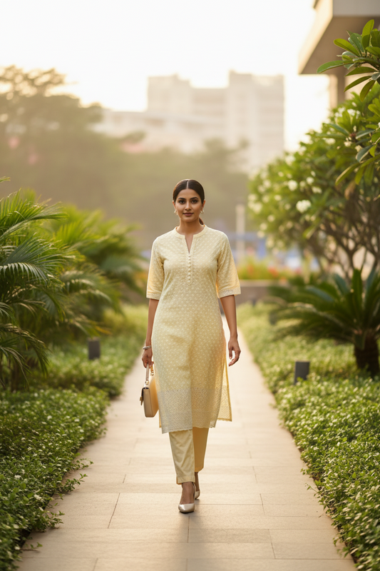 Yellow Chikankari Long Kurti for Women