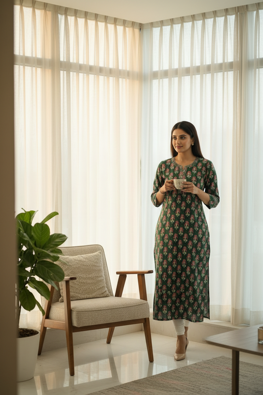 Green Floral Printed Long Kurti for Women