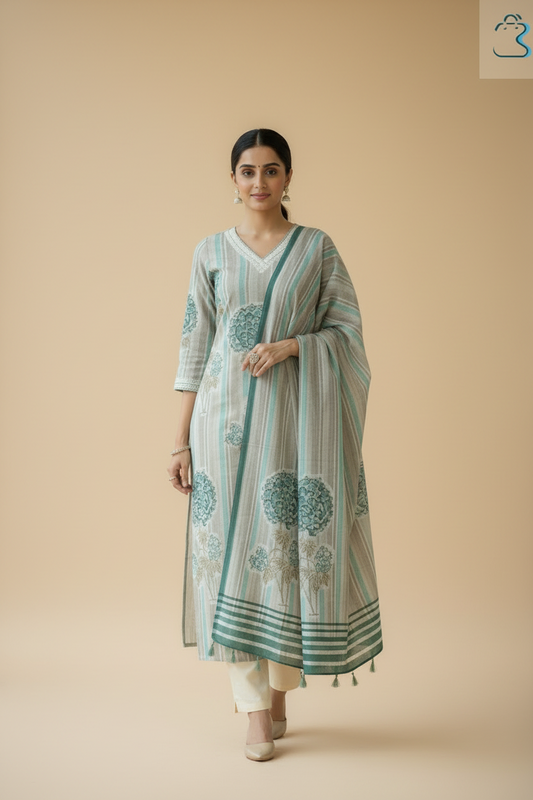 Sea Green & Beige Cotton Kurta Set with Dupatta