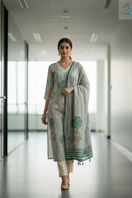 Sea Green & Beige Printed Cotton Kurta Set with Dupatta for Women