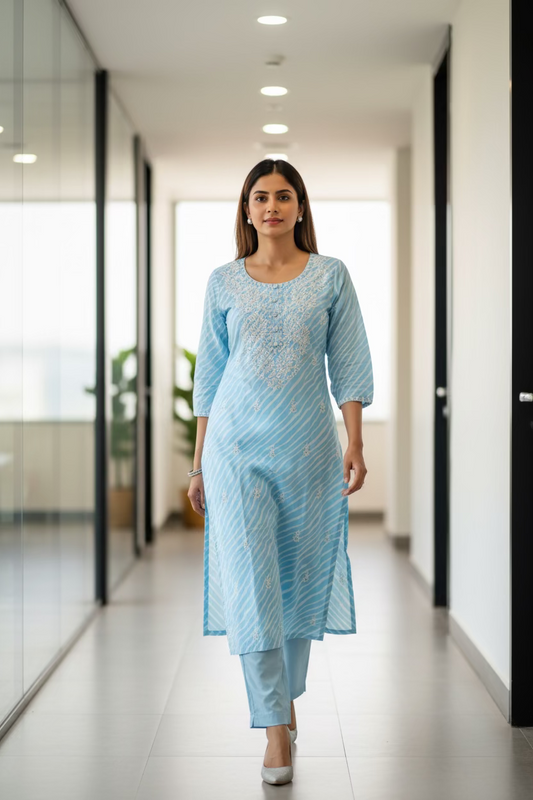 Light Blue Threadwork Long Kurti for Women