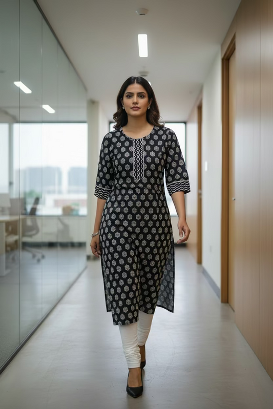Black Printed Long Kurti for women