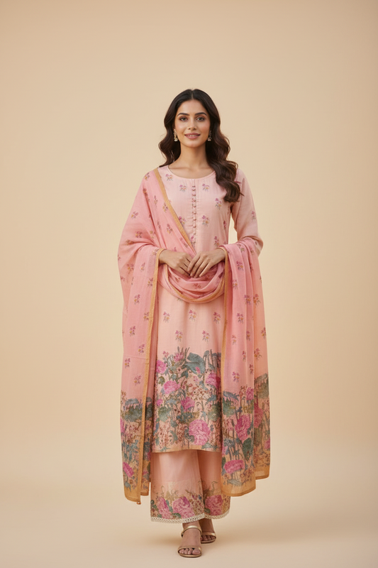 Peach Floral Printed Salwar Kameez Set with Button Detailing for Women