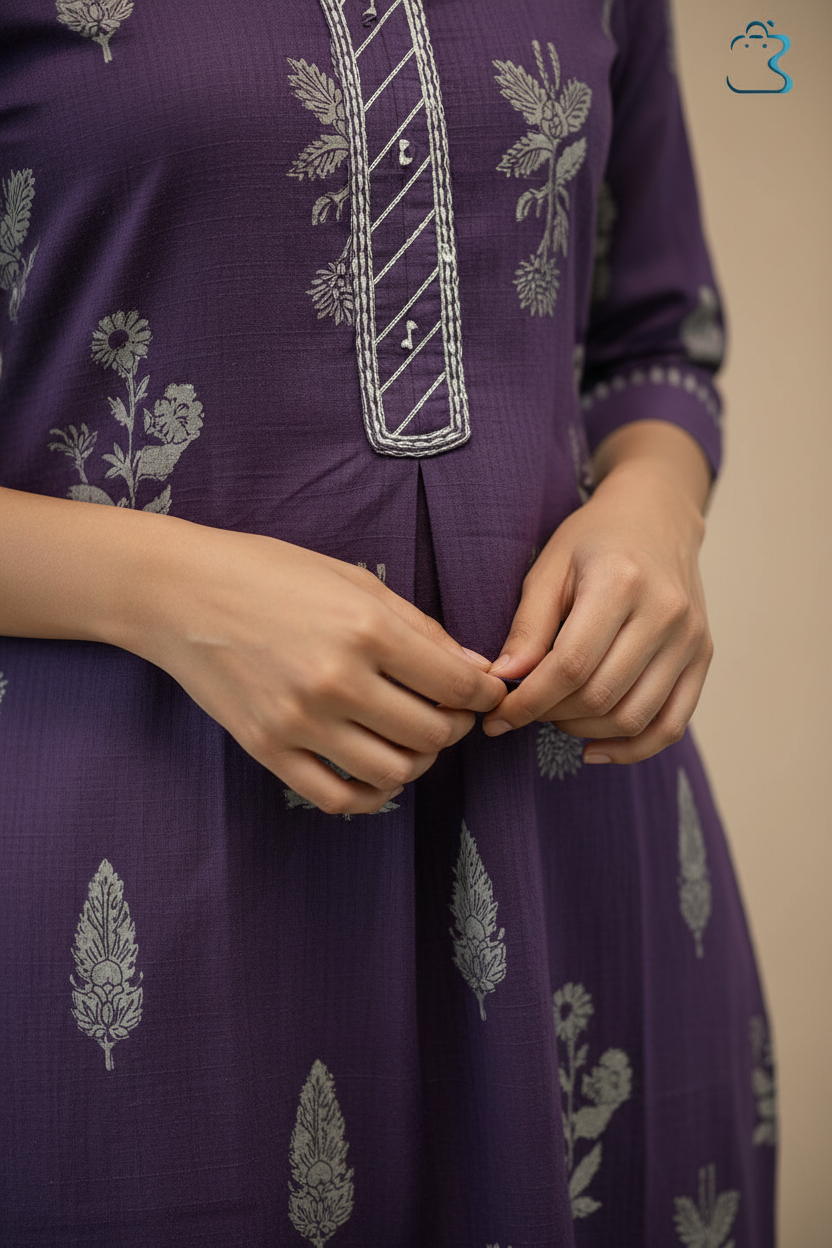 Purple Ethnic Printed Cotton Kurti Dhoti Style Set for Women