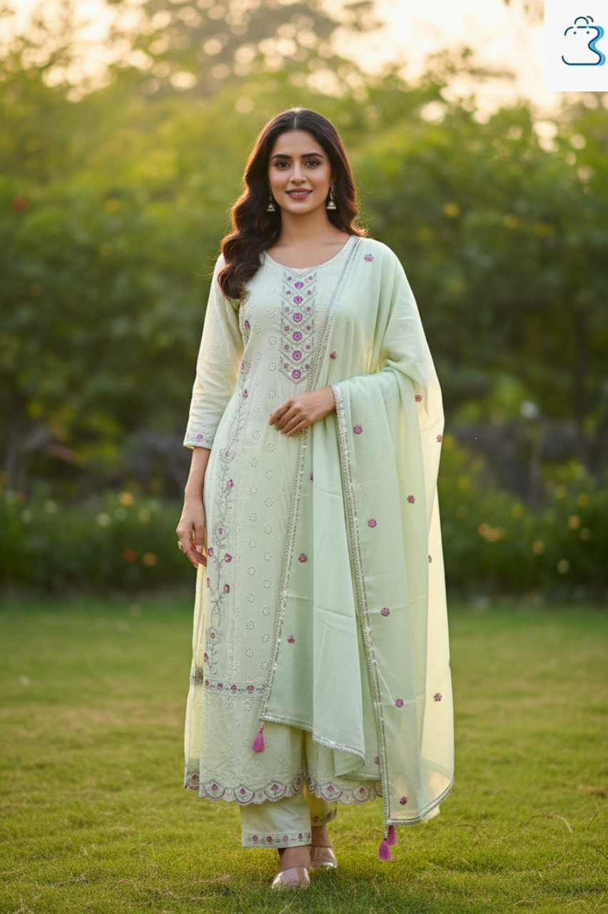 Light Pistachio Green Printed Anarkali Kurti Set for Women
