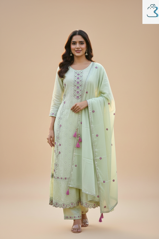 Light Pistachio Green Printed Anarkali Kurti Set for Women