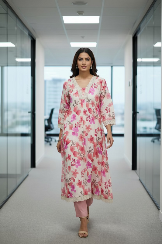 Cream Floral Printed A-Line Kurti
