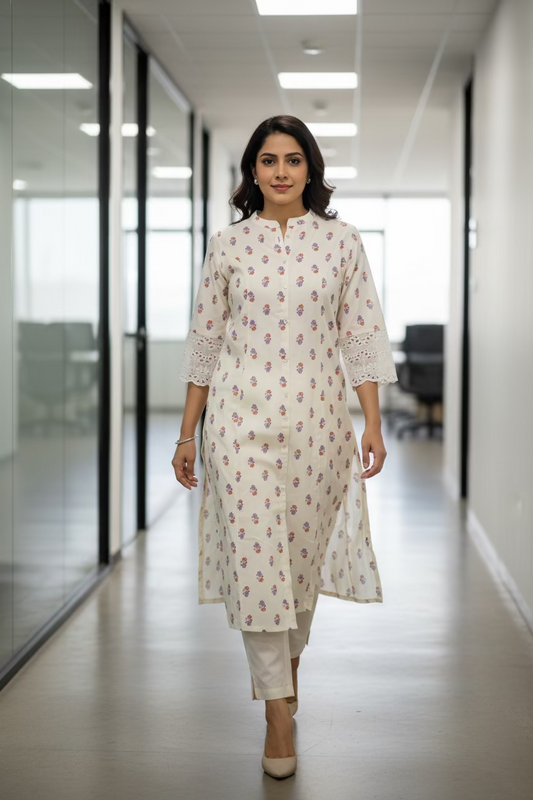 Cream Printed Long A-Line Kurti